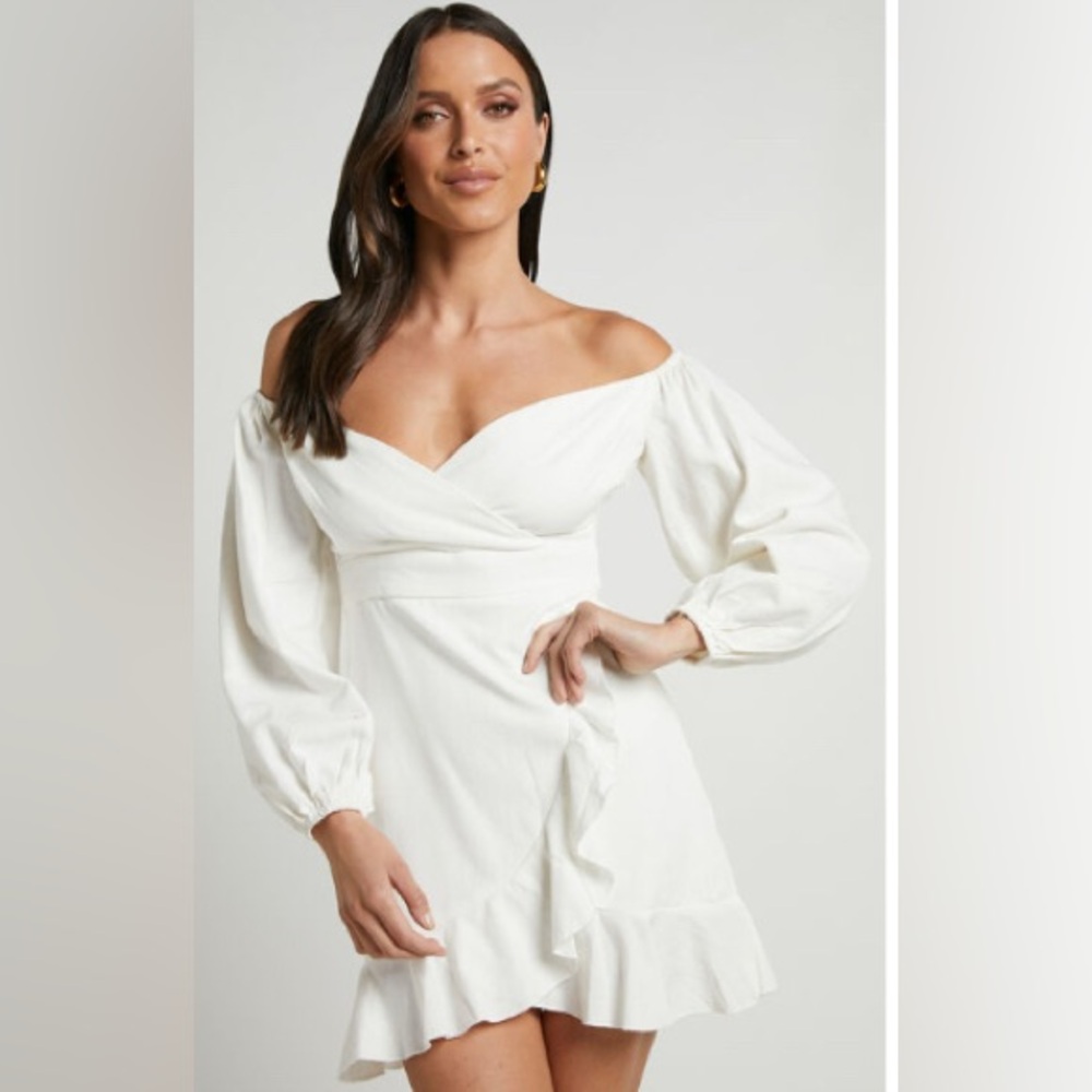 New Showpo White CANT MOVE ON OFF SHOULDER MINI LINEN BLEND DRESS IN WHITE LINEN